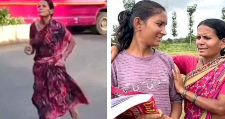 Madre corre descalza en un maratón